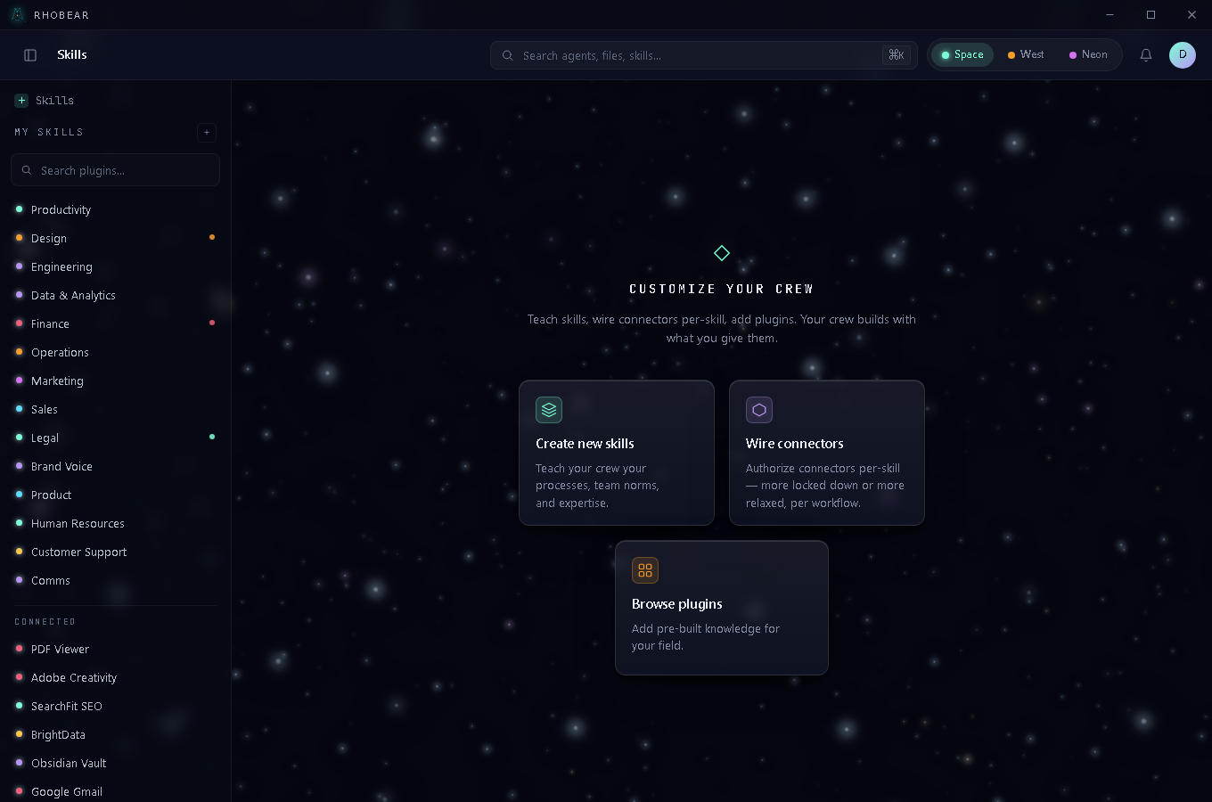 Skills tab — vetted, ready-to-run skill modules